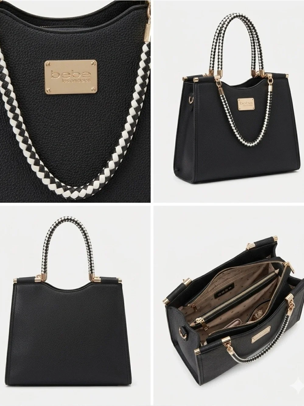 bebe Black Satchel with White Braided Handles and Gold Hardware